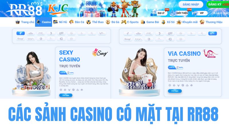Hình minh họa các sảnh Casino RR88 và nhóm nhà cung cấp live casino